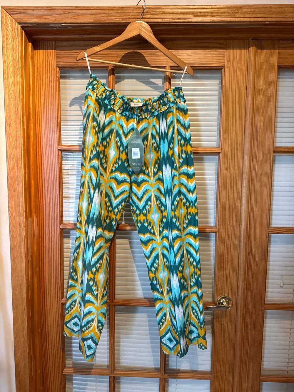 FARM Rio Tropical Tapestry Off-White Wide Leg Linen Blend Pants